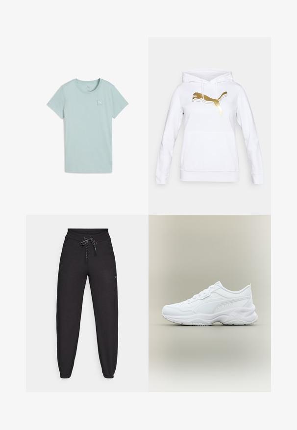 Hvid hættetrøje lavet af bomuld, med et stort guld Puma-logo på forsiden. Den har en kengurutaske og ribbede manchetter.; Lyseblå T-shirt med korte ærmer i blød bomuld, med et firkantet logoemblem på venstre bryst og en klassisk rund halsudskæring.; Sorte joggebukser lavet af blødt, strækbart materiale, med en snor i taljen, sidelommer og tætsiddende manchetter ved anklerne.; Hvid lavtop atletiksneaker med snørebånd foran, tekstureret sål og subtil syet design på glat overmateriale.