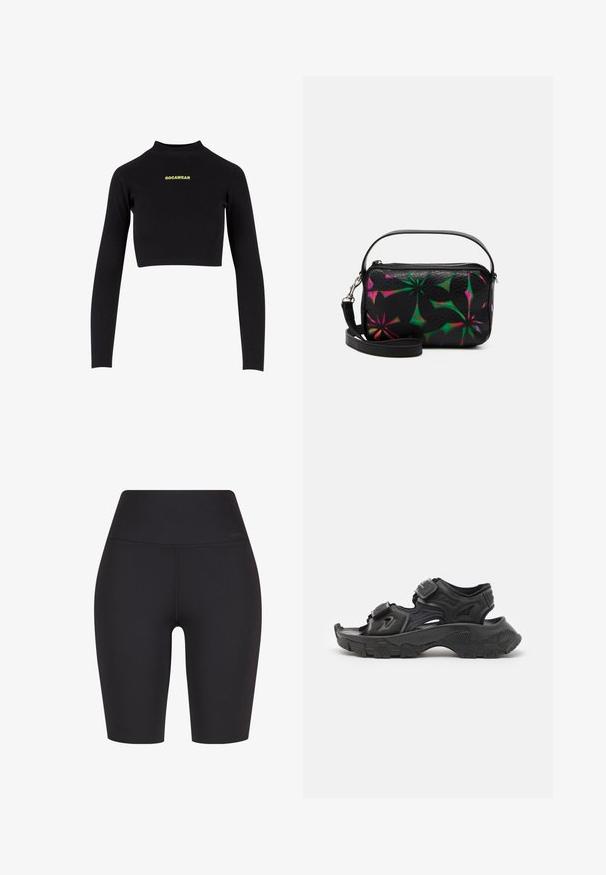Sort ribbet langærmet crop top med høj hals og Roca Wear-logo i lys gul på forsiden. Glat tekstur med tætsiddende design.; Højtaljede sorte cykelsjorts lavet af strækbart stof, med et sømløst design og subtil branding nær taljen.; Sorte sporty sandaler har en tekstureret overdel, justerbare remme og en tyk gummisål med et mønstret slidbane for godt greb.; Sorte tekstureret lædertaske med farverige blomster mønstre i grøn og pink. Inklusiv en aftagelig strop og en lynlås lukning.
