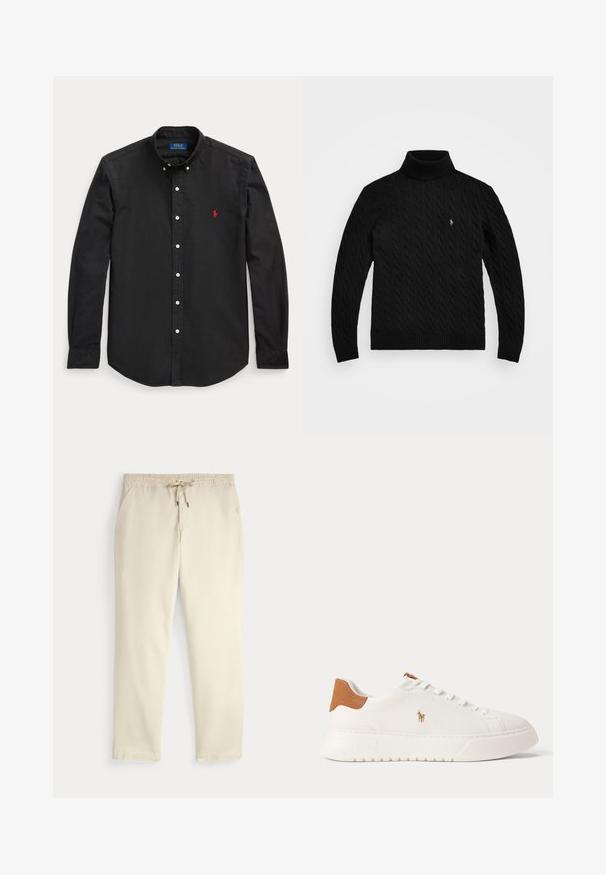 Polo Ralph Lauren LONG SLEEVE - Striktrøje - black; Sort langærmet skjorte med knapper, med rødt broderet logo på venstre bryst og en knappet krave.; Off-white afslappede bukser med elastisk talje og snor, lige ben og sidelommer mod en ensfarvet baggrund.; Hvid lavtop sneaker med tan hælfane, hvide snørebånd og lille broderet polo-spiller logo på siden over en tyk sål.
