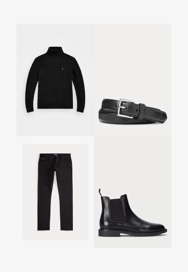 Polo Ralph Lauren LONG SLEEVE - Svetrík - black; Čierne úzke džíny z denimu s piatimi vreckami, pútkami na opasok a modrou značkovou štítkom na páse. Hladká, odolná látka.; Čierne kožené Chelsea čižmy s elastickými bočnými panelmi, štruktúrovaným povrchom, zaoblenou špičkou a nízkym vrstveným podpätkom. Obsahujú poutko pre jednoduché obúvanie.; Čierny kožený opasok so striebornou obdĺžnikovou prackou, zrolovaný na bielom pozadí, s jemným vyrazeným logom na špičke.