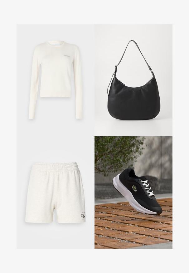 Pull en crème à manches longues avec un col et des poignets côtelés. Présente un logo discret "2ND DAY" sur la zone gauche de la poitrine. Texture douce.; Shorts en coton gris clair avec une taille élastique, présentant une texture lisse et un petit logo noir sur le bas à droite.; Chaussure de sport noire et blanche avec logo de crocodile, lacets blancs, suspendue au-dessus d'une surface extérieure en bois et galets avec un arrière-plan flou.; Sac hobo noir en matériau lisse et durable. Comprend une seule sangle réglable et un logo embossé subtil à l'avant.