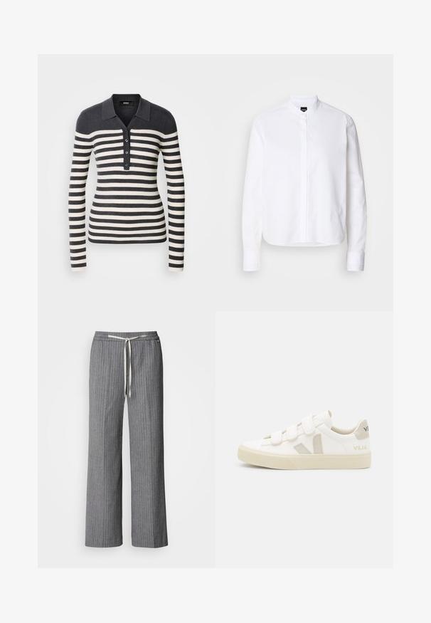 Pull en jersey rayé à manches longues, de couleur gris foncé et crème, avec un col et une fermeture à boutons. Texture côtelée sur l'ensemble.; Chemise blanche à col avec patte de boutonnage à l'avant, manches longues et poignets à boutons. Fabriquée en coton lisse avec une coupe structurée.; Pantalons larges à rayures gris en tissu texturé. Dotés d'une taille élastique avec un cordon crème.; Baskets blanches avec des bandes Velcro, accents en daim beige, semelle en caoutchouc texturée et logo V gris. Design minimaliste, forme arrondie.