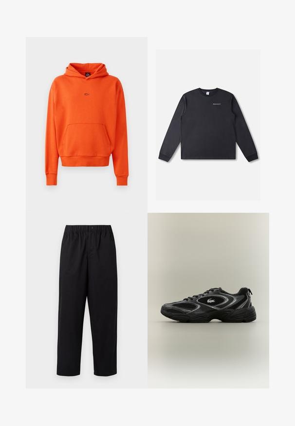Oranje hoodie van zacht materiaal, met een kangoeroezak, geribde manchetten en een klein logo op de borst.; Zwart T-shirt met lange mouwen, gemaakt van katoen. Heeft een ronde hals en de tekst "RHTHM PROJECTS" in het wit gedrukt op de voorkant.; Zwarte, wijde broeken met een elastische tailleband en een enkele knoop. Gemaakt van een gladde, lichte stof. Rechte zoom.; Zwarte en grijze sport sneaker met meshpanelen, vetersluiting, dikke zool en een klein krokodillologo aan de zijkant.