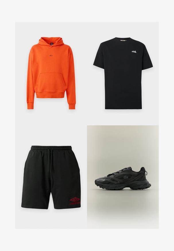 Oranje hoodie van zacht materiaal, met een kangoeroezak, geribde manchetten en een klein logo op de borst.; Zwart T-shirt met korte mouwen en een ronde hals, met een klein wit "ellesse" logo op de linkerborst.; Zwarte sweatshorts met trekkoord, zijzakken en een rood Umbro-logo geborduurd op de onderste linkerbenen.; Zwarte sportschoen met een gestructureerde bovenkant, elegante lijnen, vetersluiting en een rubberen buitenzool met gripnoppen. Geïmplanteerd logo detail.