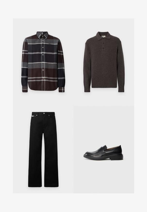 Dunkelbrauner gestrickter Pullover mit Kragen, Drei-Knopf-Leiste sowie gerippten Bündchen und Saum. Verfügt über ein strukturiertes Muster mit Farbsprenkel.; Barbour ICELOCH TAILORED TARTAN - Hemd - midnight oak; Schwarze Denim-Hose im weiten Bein-Design mit fünf Taschen und metallenen Knopfdetails. Glatte Textur, ohne sichtbare Muster.; Schwarze Leder-Pantoletten mit niedrigem Absatz und dezentem Calvin Klein-Logo an der Seite, im Profil vor einem weißen Hintergrund dargestellt.