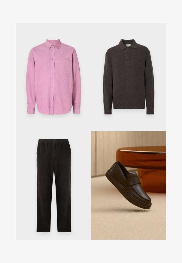 Dunkelbrauner gestrickter Pullover mit Kragen, Drei-Knopf-Leiste sowie gerippten Bündchen und Saum. Verfügt über ein strukturiertes Muster mit Farbsprenkel.; Rosa Cordura-Hemd mit Button-Down-Kragen, langen Ärmeln und einer einzelnen Brusttasche. Mit vertikaler Rippung und Knopfverschluss vorne.; Schwarze Cordhosen mit geradem Bein, elastischem Bund und einem einzigen Knopfverschluss. Glatte Textur, minimale Details.; Ein einzelner dunkelbrauner Ledermokassin, der über einem cremefarbenen Teppich mit rundem orangefarbenem Tisch im Hintergrund schwebt.