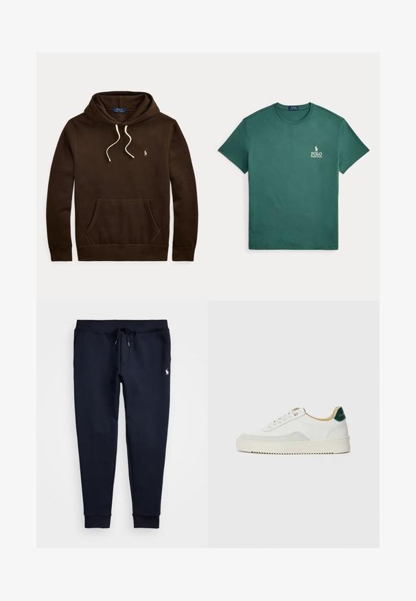 Brauner Hoodie aus weichem Material mit einer Kängurutasche, verstellbarem Kapuzenzug und einem kleinen Logo auf der Brust in kontrastierender Farbe.; Grünes Baumwoll-T-Shirt mit kurzen Ärmeln und Rundhalsausschnitt. Auffälliges Polo-Logo in Weiß auf der linken Brust, glatte Textur.; Navyblaue Jogginghose mit einem Kordelzugbund, elastischen Bündchen und einem kleinen weißen Logo auf dem oberen linken Bein. Weicher Stoff.; Weiße Sneaker mit Wildlederelementen, runder Zehenpartie, flachen Schnürsenkeln und einer cremefarbenen Gummisohle. Mit grünen Markenlogo am Fersenbereich.