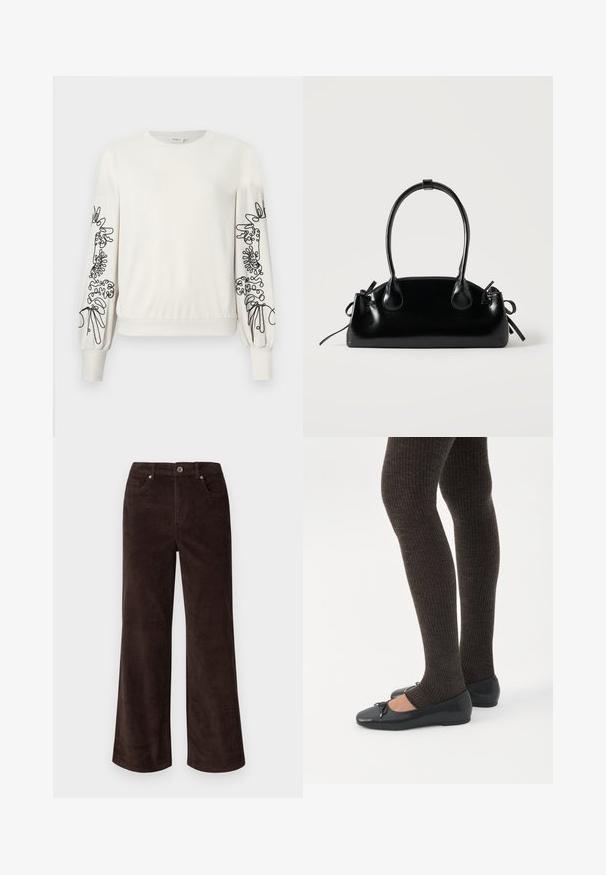 Hvid langærmet sweatshirt med sort abstrakt blomsterbroderi på ærmerne samt ribbede manchetter og kant.; Vero Moda Petite VMTESSA PANTS - Bukser - chocolate torte; Ben iført mørke ribbede leggings kombineret med sorte balletsko med små sløjfedetaljer på hvid baggrund.; Lille sort blank håndtaske med to lange håndtag og snøre-detaljer i siden på en ensfarvet lys baggrund.