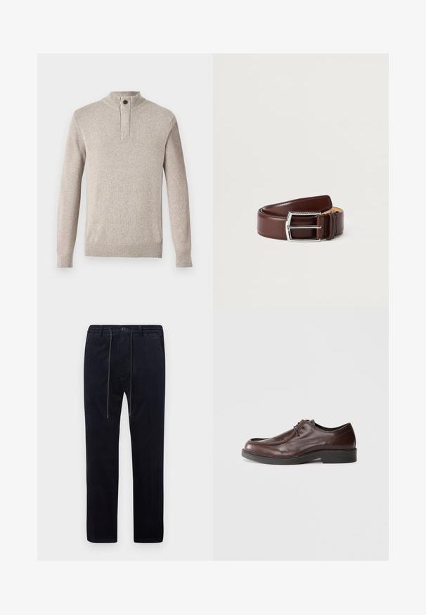 Pull en tricot beige clair avec un col montant, une patte de boutonnage à quart et des poignets côtelés. Tissu texturé avec un motif subtil sur l'ensemble.; Pantalons en velours côtelé bleu marine avec une surface texturée, jambes droites, taille élastique, cordon de serrage et poches avant.; Chaussure habillée en cuir marron avec un bout arrondi, des accents de couture minimum, et une semelle noire robuste. Présente un système de laçage et une texture lisse.; Ceinture en cuir marron avec une boucle rectangulaire en argent brillant, présentant une texture lisse et des coutures propres tout au long des bords.