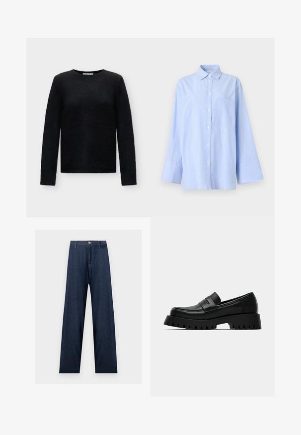 Pull noir à manches longues et col rond, en tissu doux et texturé, avec un design simple et ajusté.; Chemise bleu clair à boutons avec fines rayures verticales, manches longues, larges poignets et une poche poitrine sur un fond uni.; Jean en denim bleu foncé à jambes larges avec fermeture par bouton et fermeture éclair, passants de ceinture et coutures visibles sur les poches et les coutures.; Mocassin en cuir noir avec une semelle épaisse, présentant une finition lisse et des détails de couture subtils. La semelle comprend des rainures profondes pour une meilleure adhérence.