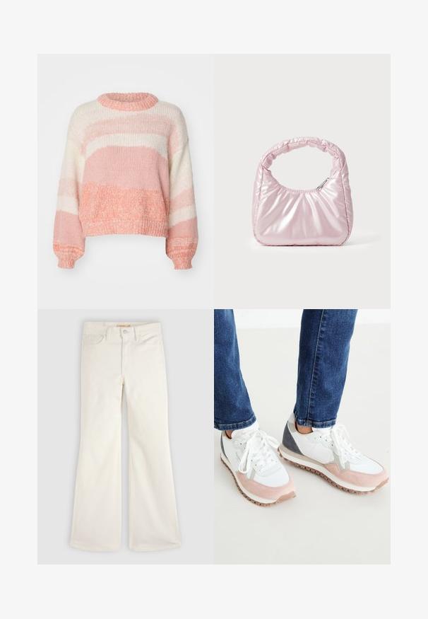 ONLY ONLJENNY LIFE ONECK - Striktrøje - terra cotta; Hvide jeans med høj talje og vide ben, med frontknap og lynlås, bæltestropper samt for- og baglommer, lagt fladt på en lys baggrund.; Hvide og lyserøde sneakers med grå accenter, der har en overdel i ruskind og mesh, gummisål og runde snørebånd.; Rosa, polstret håndtaske med afrundet design, lavet af skinnende materiale. Har et samlet håndtag og en lynlås til sikker adgang.