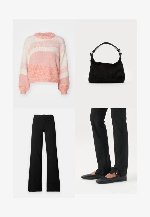 ONLY ONLJENNY LIFE ONECK - Trui - terra cotta; Zwarte hoge taille wijde broek met knoop- en ritssluiting aan de voorkant, riemlussen en voorzakken op een witte achtergrond.; Benen met zwarte smalle broek met voorsplitten aan de zoom, gecombineerd met zwarte platte Mary Jane-schoenen met een klein gespje.; Zwarte neplederen handtas met een zachte textuur, ronde vorm en een stevige zwartleren schouderband. Zilveren hardwareaccenten zichtbaar.