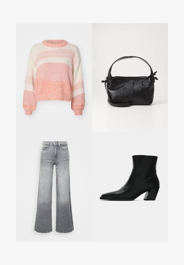 ONLY ONLJENNY LIFE ONECK - Strickpullover - terra cotta; Graue Denim-Jeans mit weitem Bein und einem Licht-zu-Dunkel-Gradienten, ausgestattet mit hoher Taille, fünf Taschen und einem klassischen Knopfverschluss.; Schwarze Leder-Stiefelette mit spitzem Zeh, schlanker Silhouette und klobigem quadratischem Absatz. Glatte Textur mit minimalen Nähdetails.; Schwarze Lederhandtasche mit strukturiertem Design, rundem Haltegriff und abnehmbarem Schulterriemen. Sie weist eine glatte Oberfläche und einen subtilen Glanz auf.