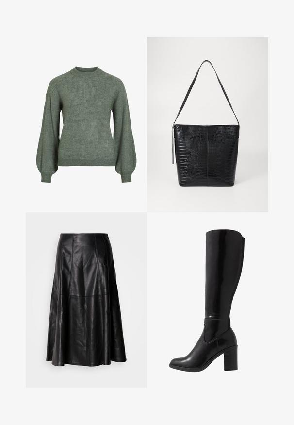 Grøn ribstrikket sweater med høj hals og lange, voluminøse ærmer. Har en tekstureret finish og tætsiddende manchetter.; Sort lædernederdel med en flagrende silhuet, der har synlige sømme og en glat tekstur. Mellemlang design med en klassisk snit.; Knæhøje sorte glansede støvler med hæl, rund tå, glat overflade, detalje med udskæring på siden og en chunky stablet hæl.; Sort håndtaske i krokodillepræget læder med flad krop, justerbar rem og lynlåslukning. Glat tekstur med struktureret form.