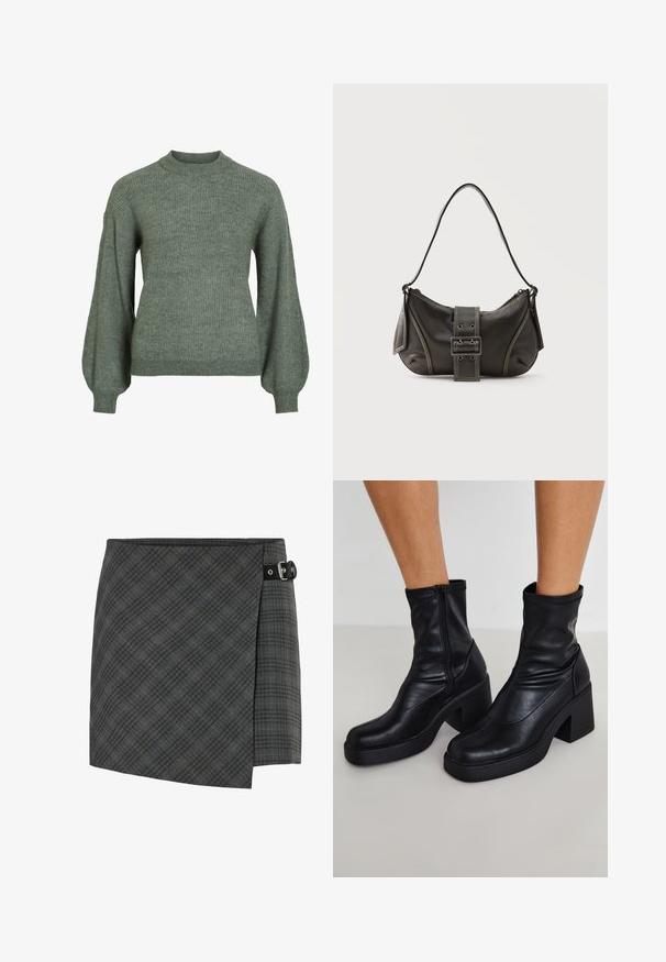 Grüner, gerippter Strickpullover mit hohem Kragen und langen, voluminösen Ärmeln. Verfügt über eine strukturierte Oberfläche und eng anliegende Bündchen.; Dunkelgrau karierte Wollwickelrock mit schwarzem Schnallendetail auf der rechten Seite, geradem Saum und subtilen diagonalen Linienmuster.; Schwarze Leder-Ankle-Boots mit hohem Blockabsatz, seitlichem Reißverschluss, glatter Textur und spitz zulaufendem Design.; Schwarze Leder-Schultertasche mit Schnallengurt-Detail, abgerundeten Kanten und kontrastierenden weißen Nähten auf schlichtem Hintergrund.