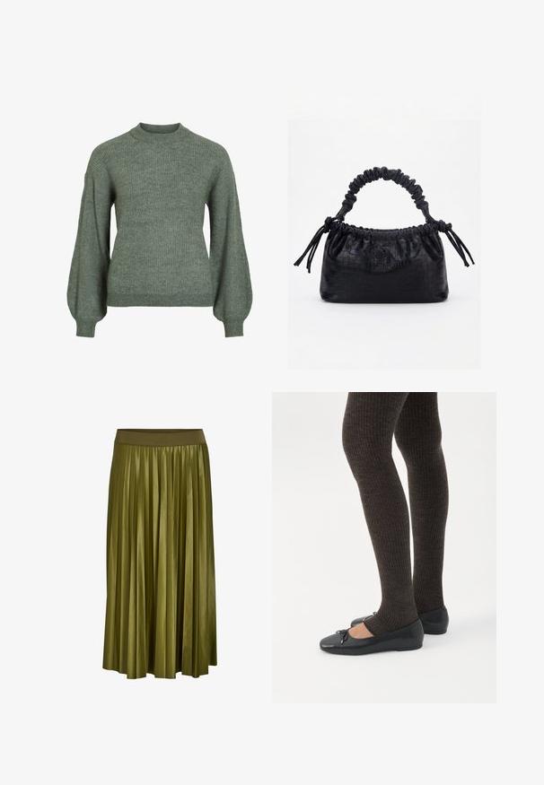 Jersey de punto acanalado verde con cuello alto y mangas largas y voluminosas. Presenta un acabado texturizado y puños ajustados.; Falda midi plisada verde caqui con cintura elástica ancha y textura de tela suave.; Piernas con leggings oscuros acanalados combinados con bailarinas negras que presentan pequeños detalles de lazo sobre un fondo blanco.; Bolso negro con textura de cocodrilo, borde superior fruncido, asa recogida y cordones con borlas en cada lado sobre un fondo blanco.