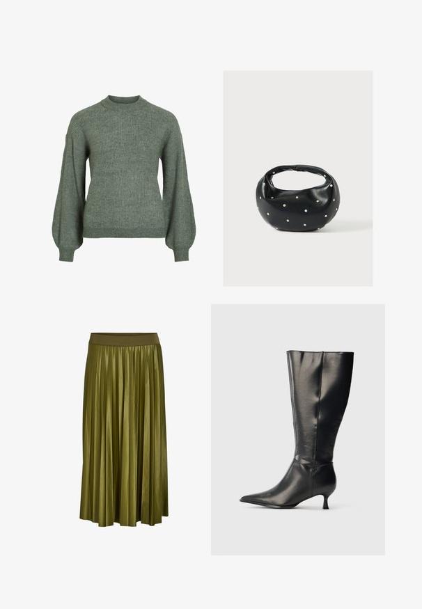 Jersey de punto acanalado verde con cuello alto y mangas largas y voluminosas. Presenta un acabado texturizado y puños ajustados.; Falda midi plisada verde caqui con cintura elástica ancha y textura de tela suave.; Bota negra de cuero hasta la rodilla, con punta afilada y tacón bajo tipo kitten, mostrada sobre un fondo claro y sencillo.; Bolso de mano de cuero negro con forma redondeada, decorado con detalles de tachuelas plateadas y un asa corta. Textura lisa y cierre con cremallera.