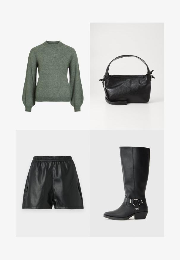 Grüner, gerippter Strickpullover mit hohem Kragen und langen, voluminösen Ärmeln. Verfügt über eine strukturierte Oberfläche und eng anliegende Bündchen.; Schwarze Shorts aus Kunstleder mit elastischem Bund, die eine glatte Textur und einen lockeren Schnitt bieten. Keine sichtbaren Muster oder Akzente.; Schwarze Lederstiefel bis zum Knie mit spitzem Zehenabschluss, ausgestattet mit einem dekorativen Knöchelriemen und silbernen Hardware-Elementen. Niedriger Blockabsatz.; Schwarze Lederhandtasche mit strukturiertem Design, rundem Haltegriff und abnehmbarem Schulterriemen. Sie weist eine glatte Oberfläche und einen subtilen Glanz auf.