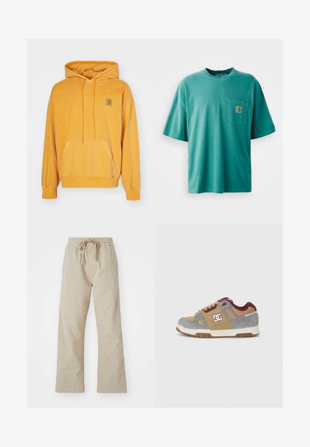 Sudadera amarilla con capucha hecha de un tejido suave, que cuenta con un bolsillo frontal, capucha con cordón y un parche de logo cuadrado en el pecho.; Camiseta de algodón verde con cuello redondo, mangas cortas y un bolsillo frontal con un parche de logo. Textura suave y ajuste relajado.; Pantalones de algodón beige con cintura elástica y cordón ajustable. Diseño de pierna recta, textura suave y sin patrones o acentos visibles.; Zapatillas DC de ante y textil en tonos marrón y gris, con acentos en burdeos, logo en el lateral y suela de goma.