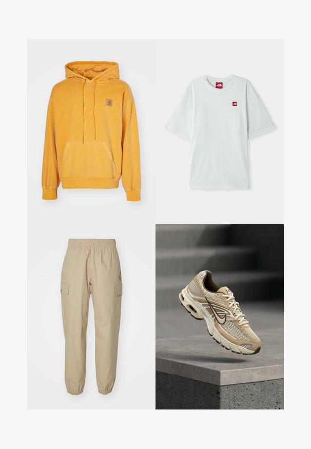 Sudadera amarilla con capucha hecha de un tejido suave, que cuenta con un bolsillo frontal, capucha con cordón y un parche de logo cuadrado en el pecho.; Camiseta de manga corta verde claro hecha de algodón suave, con una pequeña etiqueta de logo rojo en el área del pecho izquierdo. Corte relajado y escote redondo.; Pantalones cargo beige con cintura elástica, piernas ajustadas y bolsillos laterales. Tejido suave con una textura ligeramente estructurada.; Zapatilla de running Nike beige y blanca con paneles de malla y el swoosh negro, flotando sobre un borde de hormigón con escaleras desenfocadas al fondo.