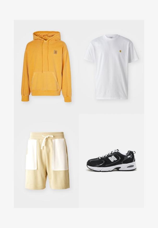 Sudadera amarilla con capucha hecha de un tejido suave, que cuenta con un bolsillo frontal, capucha con cordón y un parche de logo cuadrado en el pecho.; Camiseta de algodón blanca con mangas cortas, cuello redondo, que presenta un pequeño logo dorado en la parte izquierda del pecho. Textura suave y corte regular.; Pantalones cortos de algodón beige con una cintura elástica acanalada, bolsillos de acento en blanco, detalle de cordón y un corte relajado. Textura de tela suave.; Zapatillas deportivas en negro y gris con parte superior de malla y ante, que cuentan con una entresuela blanca, cordones y un llamativo logo "N" en el lateral.