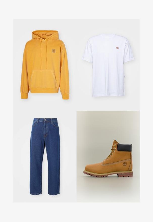 Sudadera amarilla con capucha hecha de un tejido suave, que cuenta con un bolsillo frontal, capucha con cordón y un parche de logo cuadrado en el pecho.; Camiseta de algodón blanca con cuello en V y mangas cortas. Presenta un pequeño logo bordado de colores en el lado izquierdo del pecho. Textura suave.; Vaqueros de tiro alto de algodón, con una silueta de pierna recta, costuras visibles y un cierre de botón en la parte delantera.; Bota de tobillo de cuero marrón con cuello negro, cordones amarillos y suela beige. Presenta un logotipo y detalles de costura blanca. Suela exterior con tracción robusta.