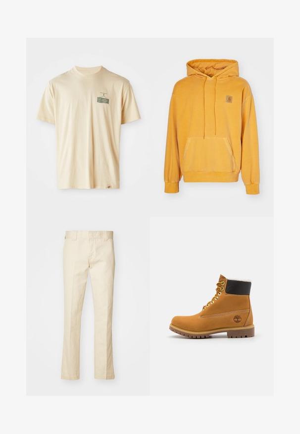 Sudadera amarilla con capucha hecha de un tejido suave, que cuenta con un bolsillo frontal, capucha con cordón y un parche de logo cuadrado en el pecho.; Camiseta de algodón color crema con cuello redondo, mangas cortas y un estampado gráfico en el lado izquierdo del pecho que representa una televisión vintage.; Pantalones de algodón beige con corte recto, que cuentan con cierre de cremallera, presillas para cinturón y bolsillos. Textura suave con un detalle de costura mínimo.; Botín de cuero marrón con ojales de metal, forro de piel sintética blanca, cuello acolchado negro, suela resistente y logotipo en relieve en el costado.
