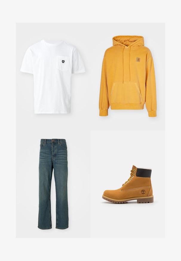 Sudadera amarilla con capucha hecha de un tejido suave, que cuenta con un bolsillo frontal, capucha con cordón y un parche de logo cuadrado en el pecho.; Camiseta blanca de algodón con cuello redondo y mangas cortas, que presenta un pequeño logo de bolsillo en forma de corazón negro. Diseño sencillo, corte estándar.; Jeans de mezclilla azul con un diseño de pierna recta, que cuentan con cinco bolsillos, un cierre de botón y un ligero desgaste en la parte frontal.; Botín de cuero marrón con ojales de metal, forro de piel sintética blanca, cuello acolchado negro, suela resistente y logotipo en relieve en el costado.
