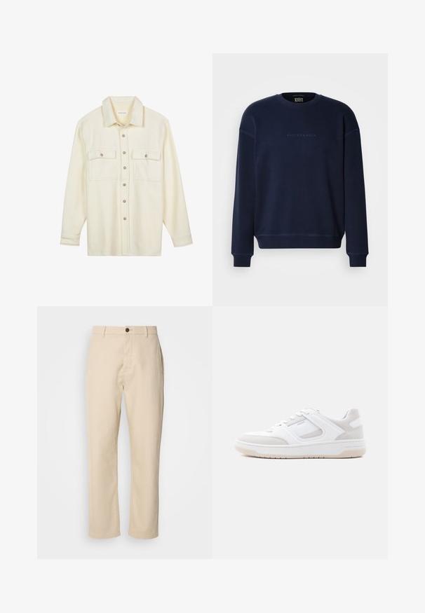 Sweatshirt bleu marine avec un col rond, des poignets et un ourlet côtelés. Présente un texte logo discret sur le devant et un tissu doux et texturé.; Chemise boutonnée de couleur crème en tissu doux. Elle comporte deux poches poitrine, un col et des boutons marron. Manches longues standard.; Pantalons en coton beige avec jambes droites, fermeture à bouton à l'avant, poches latérales et texture lisse. Design minimaliste, sans motifs visibles.; Baskets basses blanches et beige clair avec fermeture à lacets, col matelassé et semelle en caoutchouc sur un fond clair uni.