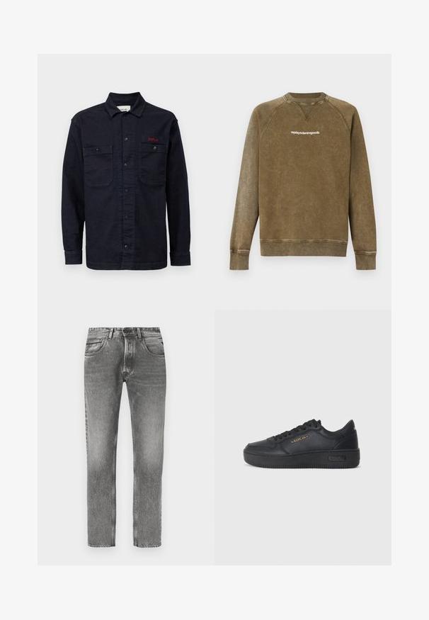 Sudadera marrón de manga larga con cuello redondo y logo de texto "replay denim goods" en el pecho, puños y cintura acanalados, con un detalle de costura en V debajo del cuello.; Camisa de mezclilla azul oscuro con mangas largas, cierre frontal de botones, dos bolsillos en el pecho y un pequeño logo rojo "REPLAY" en el bolsillo izquierdo.; Pantalones vaqueros de mezclilla gris con diseño de pierna recta, acabado desgastado, cinco bolsillos, trabillas para cinturón y detalles de costura en contraste.; Replay EPIC HIGH - Zapatillas - black