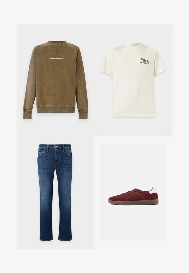 Brun langærmet crewneck sweatshirt med teksten "replay denim goods" på brystet, ribstrikkede manchetter og linning, med en V-syningsdetalje under kraven.; Kremfarvet T-shirt med korte ærmer og rund halsudskæring med "Replay Motocicli" trykt med små mørke bogstaver på venstre bryst.; Mørkeblå straight-leg jeans med forreste knap, lynlås og design med fem lommer.; Bordeaux ruskindsneaker med snørelukning foran, tekstureret sideudformning og lysfarvet hælaccents. Gummisål med glat finish.