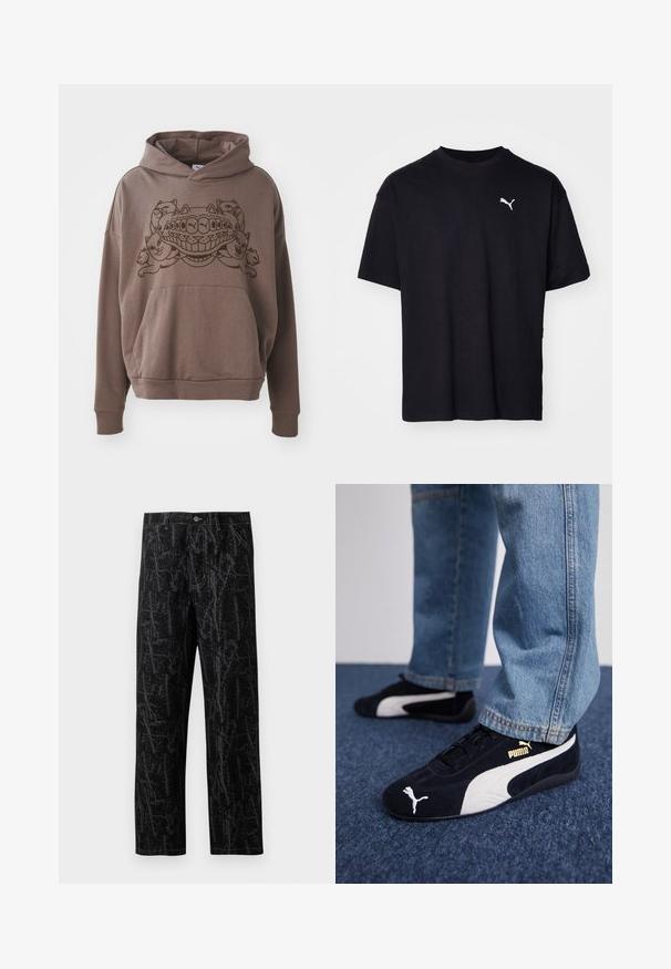 Haut à capuche marron avec des manches longues, poche kangourou à l'avant et un graphisme de chats stylisés sur la poitrine. Tissu doux, coupe décontractée, sans fermetures éclair.; T-shirt en coton noir à manches courtes, col rond, avec un logo Puma blanc sur le côté supérieur gauche de la poitrine. Coupe classique, texture lisse.; Pantalon noir avec un motif abstrait texturé en gris foncé, doté d'une coupe droite, de poches standard et de garnitures métalliques à la taille.; Baskets en daim noir avec accents blancs, arborant un logo doré. Portées avec un jean en denim bleu clair et posées sur une surface bleue texturée.