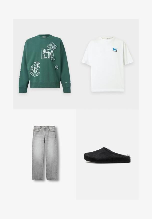 Mørkegrøn sweatshirt med hvidt grafisk tekst, herunder "Palais Royal," "Maison Kitsuné" og "Tokyo Paris," samt små blomsterdesign på forsiden.; Hvid T-shirt med korte ærmer, med lille blåt rævlogo og teksten "Maison Kitsuné 2062 Paris" på øverste venstre bryst.; Lysegrå jeans med lige ben, forlommer, bæltestropper og knaplukning, vist fladt mod en hvid baggrund.; Marni Slip-on sandaler - black