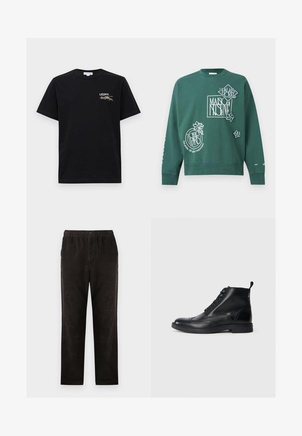 Tummanvihreä collegepaita, jossa valkoista tekstiä: "Palais Royal", "Maison Kitsuné" ja "Tokyo Paris" sekä pieniä kukkakuvioita edessä.; Musta puuvillainen t-paita, jossa on lyhyet hihat, pyöreä kaula-aukko ja vasemmassa rinnassa brodeerattu "LACOSTE"-logo vuoristokuvien kanssa.; Mustat koripöksyt suoralla lahkeella, joissa on joustava vyötärö ja yksi napitus. Silkkinen pinta, vähäinen yksityiskohtaisuus.; Mustan nahka-anvantas, jossa on brogue-yksityiskohtia, nauhakiinnitys edessä ja vetolenki, yksinkertaisella valkoisella taustalla.