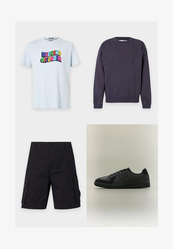 Dunkelblaue Sweatshirt aus Baumwollmischung, mit Rundhalsausschnitt, gerippten Bündchen und Saum, mit großem "OBEY"-Logo in einem etwas dunkleren Farbton.; Hellblaues Baumwoll-T-Shirt mit einem bunten "WEEKEND OFFENDER"-Grafikdruck über der Brust in fetten, verspielten Schriftarten.; Schwarze Cargoshorts mit geradem Schnitt, aus strapazierfähigem Gewebe. Verfügt über zwei Seitentaschen und einen Knopfverschluss.; Niedrig geschnittener schwarzer Sneaker mit strukturierter Sohle, Schnürverschluss und dezenten Paneeldetails, seitlich auf schlichtem Hintergrund dargestellt.