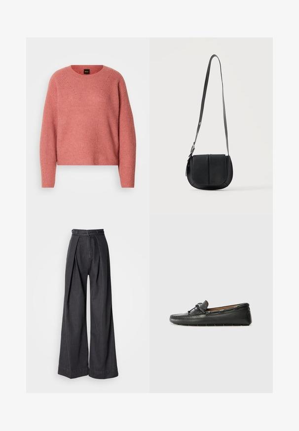 Roze gebreide trui met een ronde halslijn, lange mouwen en een geribbelde structuur. Heeft een zigzagpatroon op de borst en subtiele details.; Zwarte denim broeken met wijde pijpen en een hoge taille, voorzien van voorplooien en een klassieke ritssluiting. Strakke, gladde textuur met een nette afwerking.; Zwarte leren bootshoe met een ronde neus, gestikte details, een kleine strikaccent en een rubberen zool. Soepele textuur en gestroomlijnd ontwerp.; Zwarte gestructureerde leren crossbodytas met afgeronde onderkant, voorflap en verstelbare schouderriem met metalen gesp.