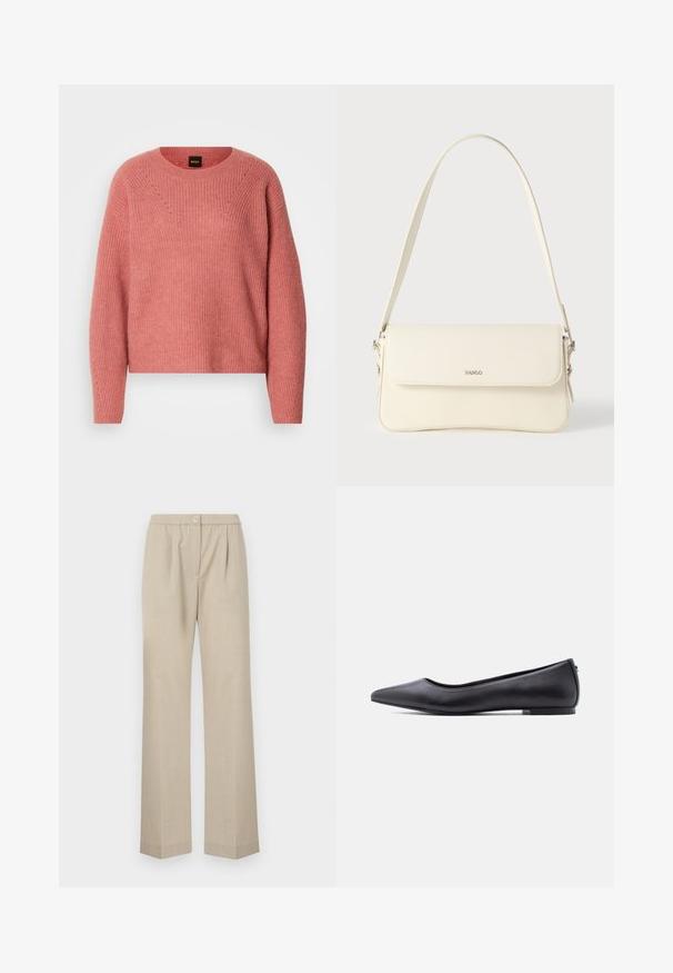 Lyserød strikket sweater med en rund halsudskæring, lange ærmer og ribbet tekstur. Har et zigzag-mønster på brystet og diskrete detaljer.; Lys beige bukser med lige ben, elastisk talje og en enkelt knapdetalje foran. Fremstillet af et tekstureret stof.; Sort flad lædersko med spidst tåparti og lav hæl, vist i sideprofil mod en hvid baggrund.; Cremefarvet læder skuldertaske med flaplukning, sølvfarvet beslag, en enkelt justerbar rem og diskrete logodetaljer.