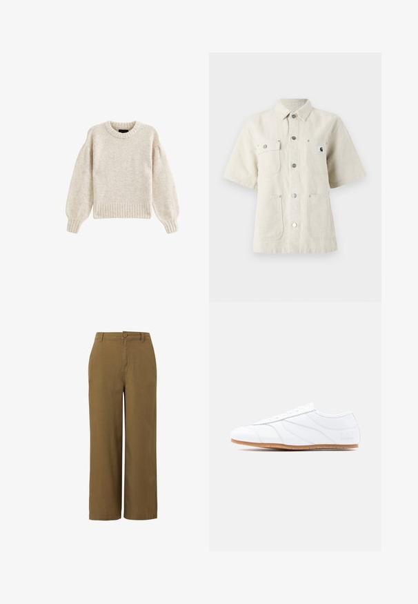 Suéter de punto beige claro con cuello redondo, dobladillo acanalado y mangas voluminosas. Textura suave y corte relajado.; Camisa de manga corta en tejido beige claro, con cuello de punta, botones en el frente, dos bolsillos en el pecho y un pequeño parche con el logo a la izquierda.; Pantalones de pierna ancha marrones, fabricados con una mezcla de algodón texturizado, que cuentan con un cierre frontal de botón y un diseño de cintura estándar.; Zapatilla blanca de corte bajo con diseño de cordones, parte superior de cuero liso, paneles cosidos sutiles y suela de goma marrón clara.