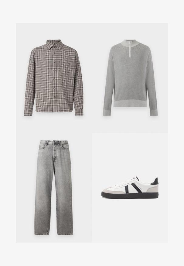 Lysegrå ribstrikket sweater med lange ærmer og en kort lynlås ved den høje krave, vist på en ensfarvet baggrund.; Brun og creme plaid skjorte med knap-ned krave, lange ærmer og frontknapper; lavet af struktureret stof.; Grå vidde jeans lavet af denim. Har en høj talje, fem lommer og en knap- og lynlåslukning. Subtil falmning på stoffet.; Hvide sneakers med sorte og grå detaljer, med en tekstureret grå tåhætte, sort gummisål og flade hvide snørebånd. Rent design, minimalistisk stil.