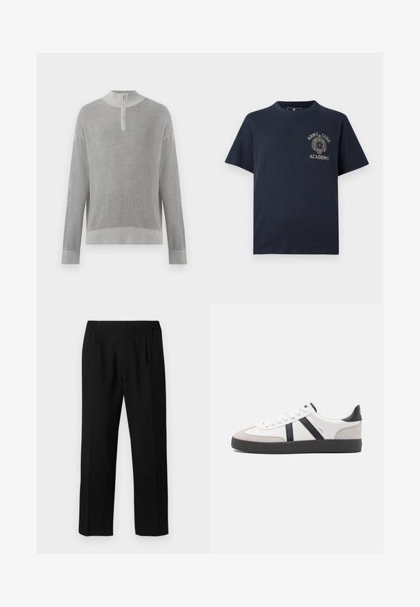 Lysegrå ribstrikket sweater med lange ærmer og en kort lynlås ved den høje krave, vist på en ensfarvet baggrund.; Marineblå T-shirt med kortærmer og beige tekst "Army Corp Academy" samt emblem på venstre brystside.; Sorte bukser lavet af et glat stof, med et elastisk taljebånd, lige ben-design og to frontfolder for ekstra detaljer.; Hvide sneakers med sorte og grå detaljer, med en tekstureret grå tåhætte, sort gummisål og flade hvide snørebånd. Rent design, minimalistisk stil.