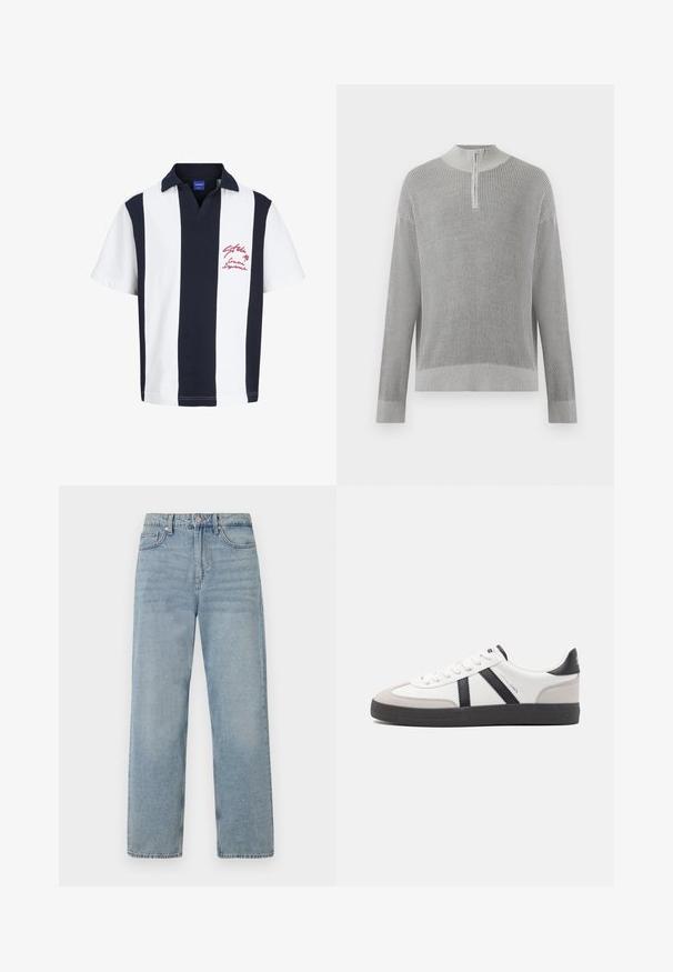 Pull en maille côtelée gris clair à manches longues avec une courte fermeture éclair au col haut, présenté sur un fond uni.; Polo à manches courtes avec de larges rayures verticales bleu marine et blanches, col bleu marine, et broderie de texte rouge sur la poitrine gauche.; Jean en denim bleu clair à taille haute, coupe droite, avec cinq poches et un léger délavage pour un effet usé.; Baskets blanches avec des accents noirs et gris, présentant un embout texturé gris, une semelle en caoutchouc noir et des lacets plats blancs. Design épuré, style minimaliste.