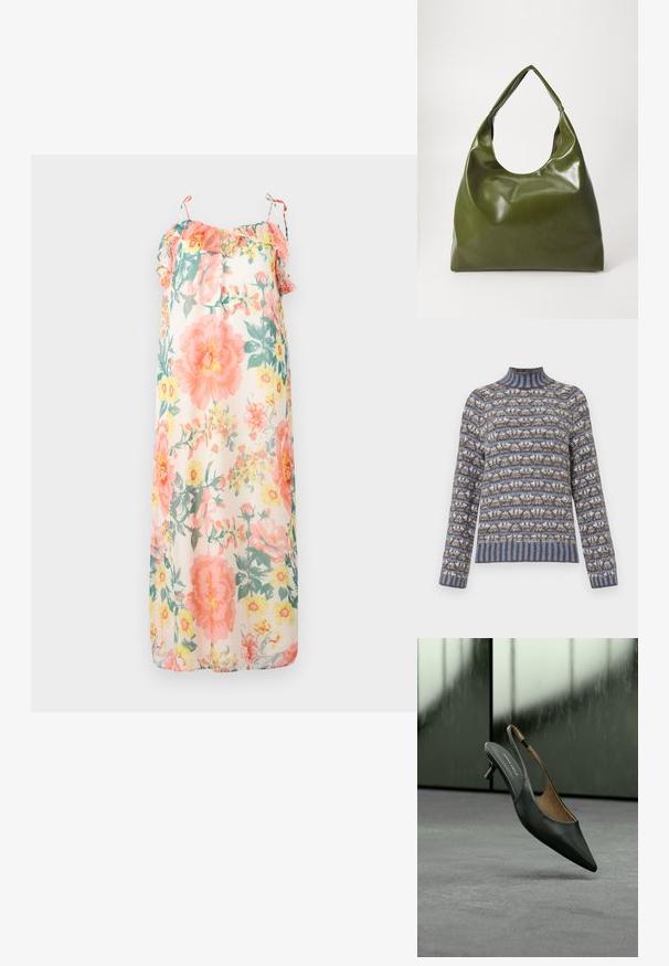 Brun, blå og hvid mønstret strikket sweater med lange ærmer og en ribbet mock-neck krave og kant.; Blomster maxi kjole i pastelfarver, med volangstropper, en løs pasform og et let, gennemsigtigt stof med pink og gule blomstermønstre.; Sort slingback sko med spidset tå og lille hæl med tynd rem og "ANNA FIELD" mærke på indersålen, mod en sløret grå baggrund.; Grøn læder hobo taske med en slouchy design, buet håndtag og glat tekstur. Indeholder ingen synlig hardware eller accenter.