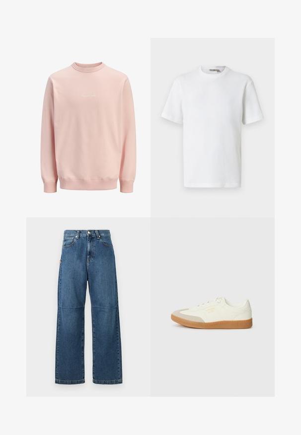 Sudadera de color rosa claro con cuello redondo y mangas largas, con pequeño texto blanco en cursiva centrado en el pecho, puños y cinturilla acanalados.; Camiseta blanca de manga corta con cuello redondo y tejido de waffle, con una pequeña etiqueta de la marca en el interior del cuello, mostrada sobre un fondo liso.; Vaqueros de mezclilla azul con un ajuste relajado, piernas rectas, costura visible y un cierre de botón en la parte delantera. Presenta un bolsillo lateral con un acento.; Zapatilla de cuero blanca con puntera beige y suela de goma marrón claro. Presenta cordones planos blancos y una marca en relieve en el lateral.