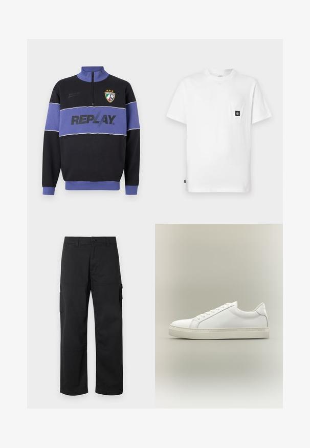Schwarzer und lila Halbreißverschluss-Sweatshirt mit "REPLAY"-Logo auf der Brust und dem Replay FC-Wappen mit drei Sternen oben links.; Weißes Baumwoll-T-Shirt mit Rundhalsausschnitt, kurzen Ärmeln und einer Brusttasche mit schwarzem Logo-Patch. Glatte Textur, lockere Passform.; Schwarze Cargo-Hosen mit geradem Bein, mehreren Seitentaschen und einem Knopfverschluss. Hergestellt aus strapazierfähigem, leichtem Stoff.; Weißer Sneaker mit niedrigem Schaft, vorn mit Schnürung und dicker Sohle, aus der Seitenansicht vor neutralem Hintergrund.