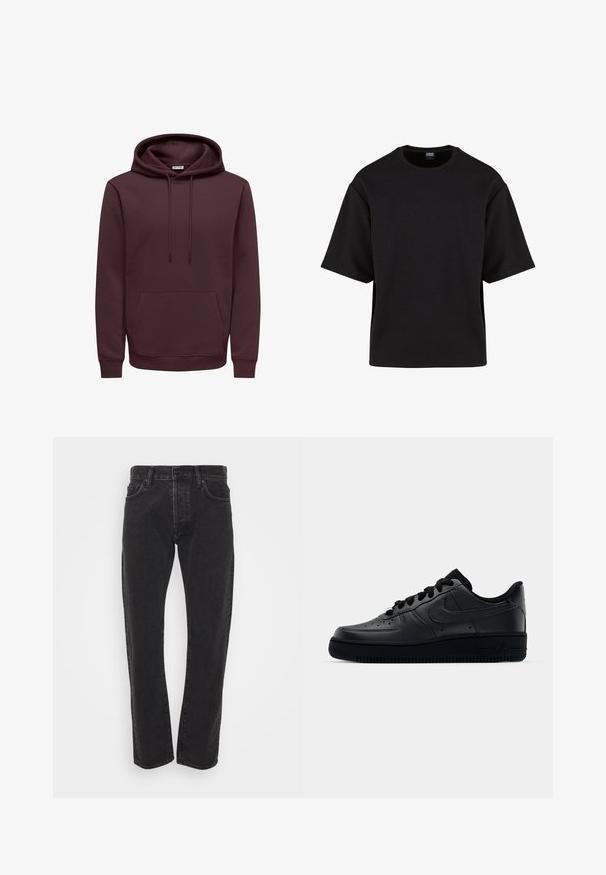 Mørk vinrød pullover hoodie med frontlomme (kænguru), snøretrækshætte samt ribkanter ved ærmeafslutninger og nederst på en hvid baggrund.; Urban Classics SCUBA TEE - T-shirts basic - black; Herre sorte lige ben denim jeans med frontknap og lynlås, fem lommer og bæltestropper på en ensfarvet hvid baggrund.; Sort Nike Air Force 1 sneaker med en glat læderoverdel, perforeret tå for åndbarhed, sorte snørebånd og en textured gummisål.