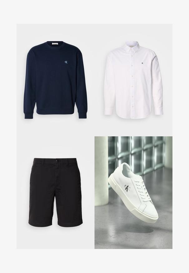 Marineblauwe sweatshirt van katoenmix met ribbelboorden en -zoom. Bevat een klein lichtblauw logo op de borst. Klassiek ronde hals ontwerp.; Witte button-up shirt gemaakt van katoen, met een klassieke kraag, lange mouwen en een klein CK-logo op de linkerborst. Glad oppervlak.; Zwarte shorts gemaakt van lichtgewicht stof, met een knoopsluiting, standaard taille en rechte snit. Geen patronen of zichtbare accenten.; Witte Calvin Klein sneaker met veters, zwevend getoond boven een gepolijste betonnen vloer en een achtergrond van glasblokken.