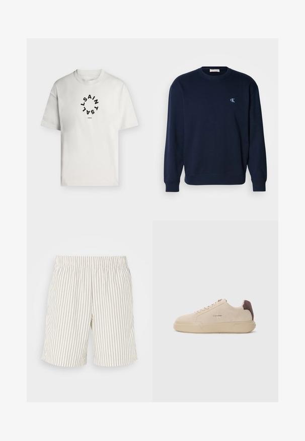 Navyblauer Sweatshirt aus Baumwollmischung mit gerippten Bündchen und Saum. Mit kleinem hellblauen Logo auf der Brust. Klassisches Rundhalsausschnitt-Design.; Weißes T-Shirt mit kurzen Ärmeln und rundem Halsausschnitt, mit schwarzem kreisförmigem Text "SAINT LAINT" und "LONDON" unter dem Kreis.; Gestreifte Shorts aus einem leichten, atmungsaktiven Stoff. Die Farbe ist off-white mit dünnen, vertikalen grauen Streifen. Elastischer Bund.; Beige Wildleder-Sneaker mit runder Spitze, Schnürung vorne und einem braunen Wildlederakzent an der Ferse. Verfügt über eine strukturierte Gummisohle.