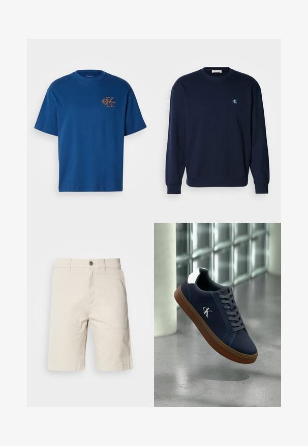 Navyblauer Sweatshirt aus Baumwollmischung mit gerippten Bündchen und Saum. Mit kleinem hellblauen Logo auf der Brust. Klassisches Rundhalsausschnitt-Design.; Blaues Baumwoll-T-Shirt mit Rundhalsausschnitt, kurzen Ärmeln und einem orangefarbenen Calvin Klein-Logo auf der linken Brust. Schlichte und klassische Schnittform.; Beige Baumwollshorts mit geradem Schnitt, ausgestattet mit einem Knopf- und Reißverschluss vorne, seitlichen Taschen und genähten Säumen.; Marineblaue Sportschuh mit brauner Sohle, grauen Schnürsenkeln, weißem Fersenakzent und weißem "CK"-Logo, schwebt innen in der Nähe einer Glasbausteinwand und eines Betonbodens.
