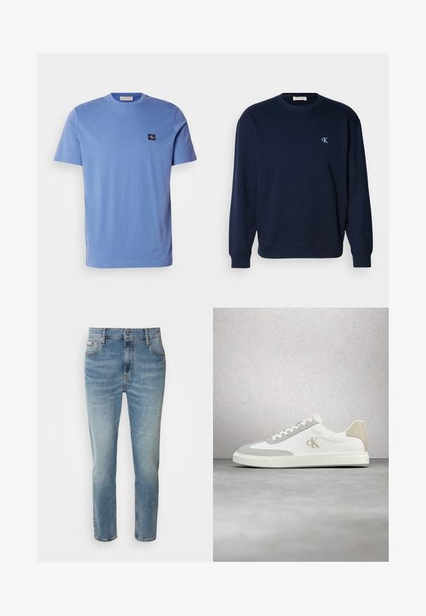 Sudadera azul marino en mezcla de algodón con puños y dobladillo de canalé. Presenta un pequeño logo azul claro en el pecho. Diseño clásico de cuello redondo.; Camiseta de algodón azul claro de manga corta con cuello redondo, que presenta un pequeño parche de logotipo azul marino en el lado izquierdo del pecho. Textura suave.; Vaqueros de mezclilla azul claro con corte recto, cinco bolsillos y un ligero desgaste. Cuentan con un cierre de botón y cremallera, así como una cinturilla clásica.; Zapatilla blanca de Calvin Klein con detalles en ante beige y logo, flotando sobre un suelo liso gris con fondo de pared de bloques de vidrio.