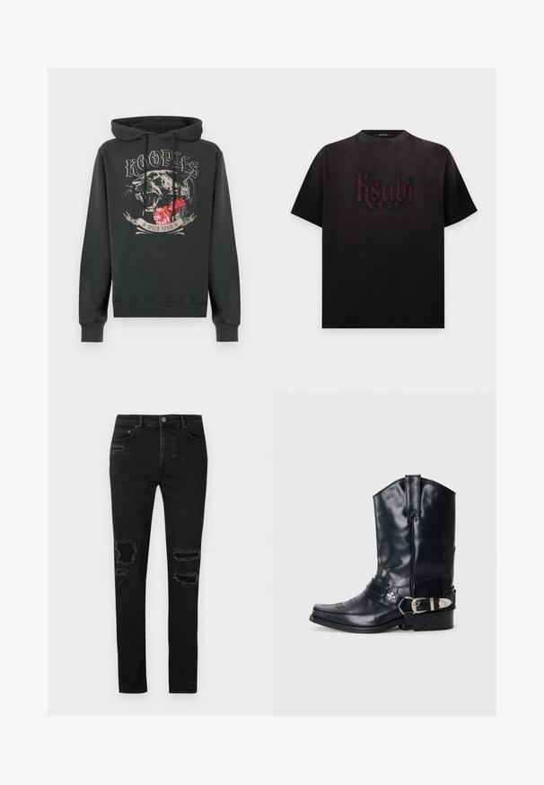 Must kapuutsiga dressipluus, millel on karjuv panter, punased lilled ning esiküljel tekstid "Kooples" ja "Wild Tour".; Must lühikeste varrukatega t-särk punase kaunilt tikitud "ksubi" logoga, mis asub ees keskel, esitatud ühevärvilise valge tausta ees.; Musthave mustad teksad, millel on kitsas lõige, and jalakäijate reies on kulumised, toon-tooni õmblus ja klassikaline nupuväärist ja luku sulgur.; Mustad must westerni saapad, millel on terav nina, kõrge vars, dekoratiivne tikand ja hõbedane kinnitusega rihm. Tekstuuriga viimistlus.